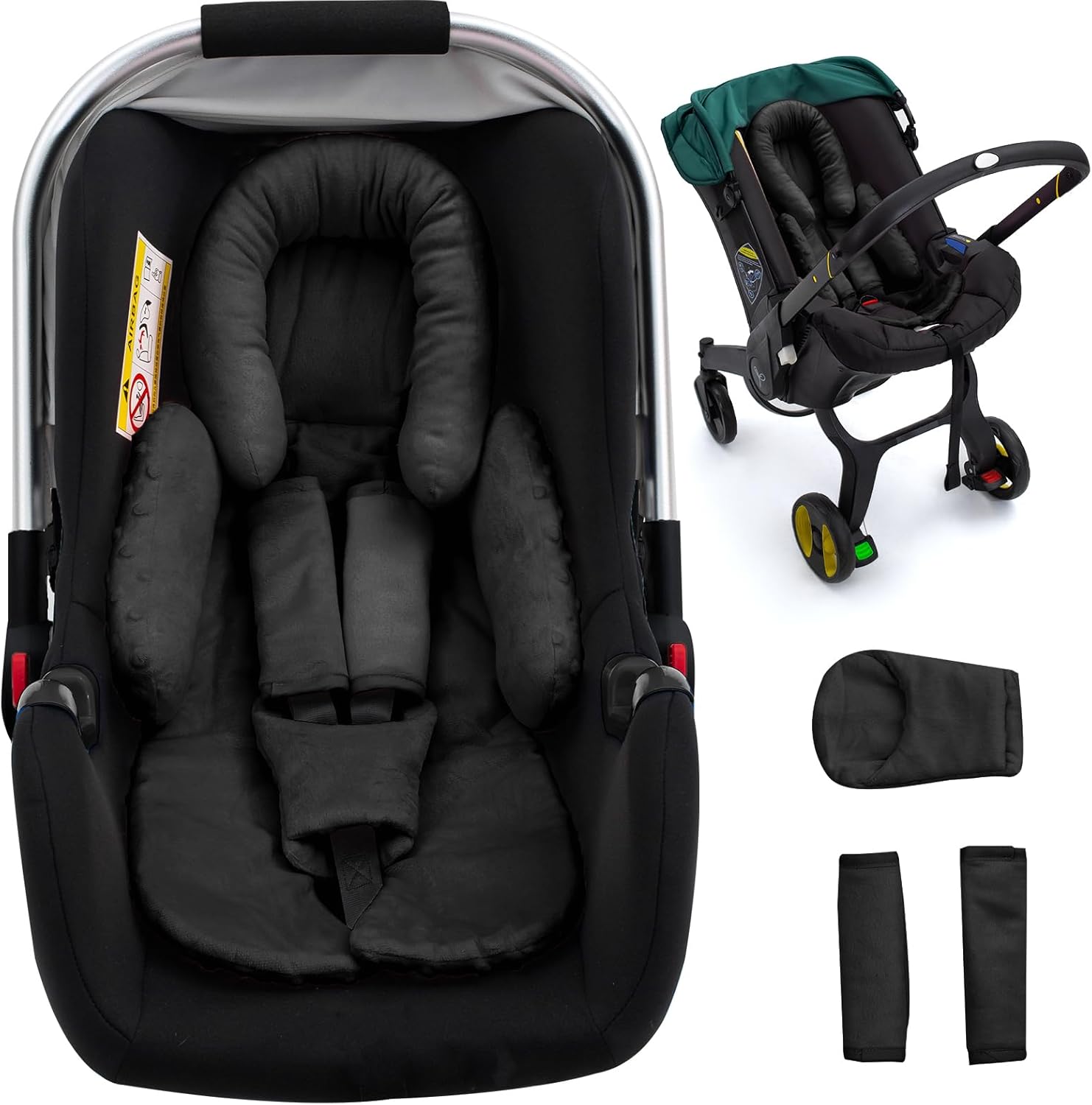 Kaseeous newborn car seat head support front view in black fabric showing premium body cushion cushioning
