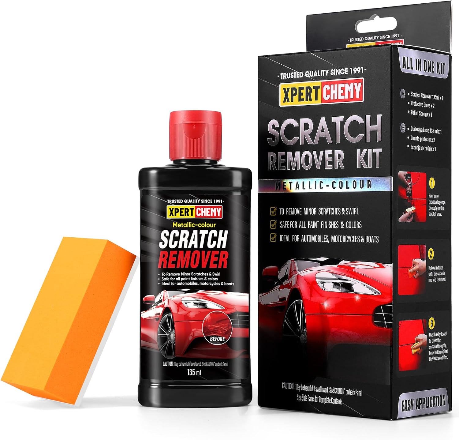 XPERTCHEMY Car Scratch Remover Kit front view showing the 135 milliliter bottle with included polishing sponge and gloves.