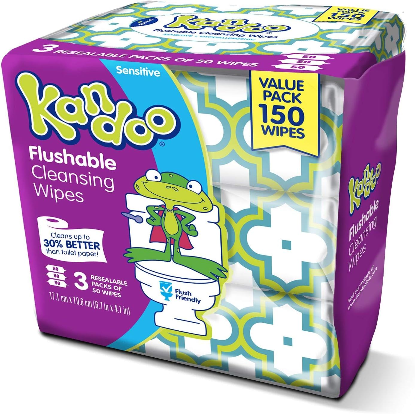 Kandoo Sensitive Flushable Wipes front view of three pack packaging