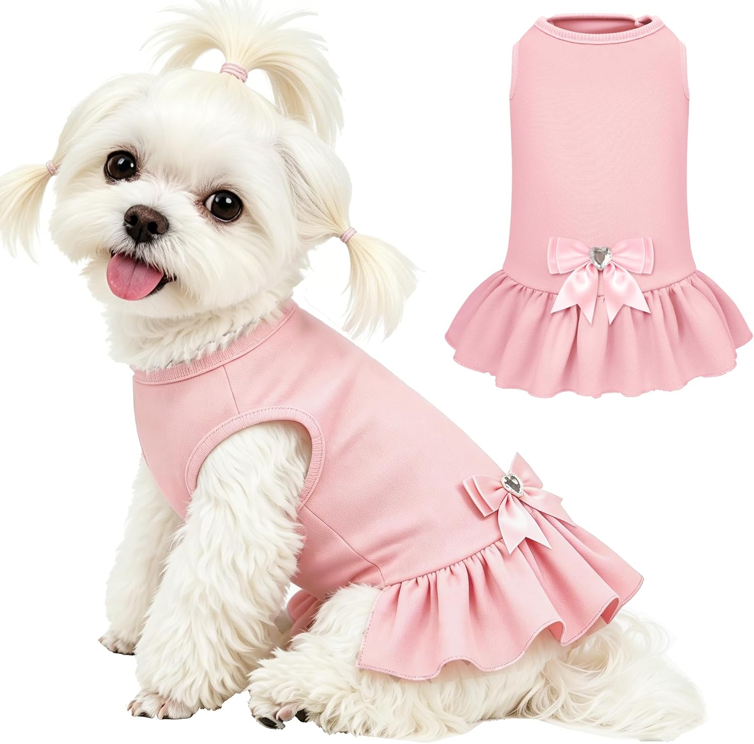 YUDODO dog dress front view showing pink sleeveless design on a small puppy.