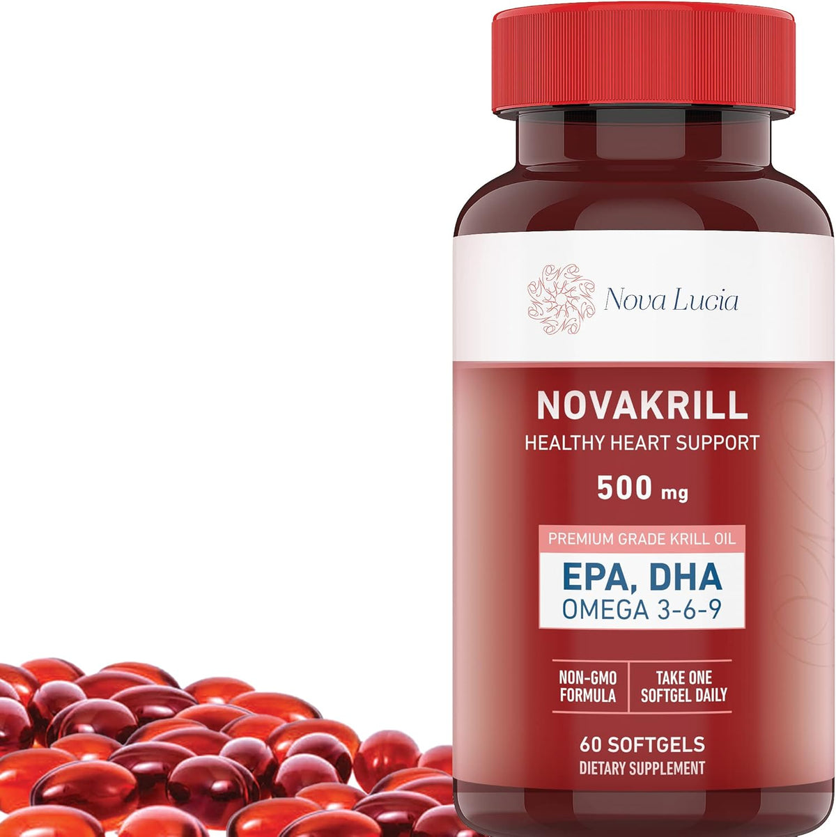 Nova Lucia NovaKrill Antarctic Krill Oil 1000 Milligrams bottle front view showcasing omega supplement benefits