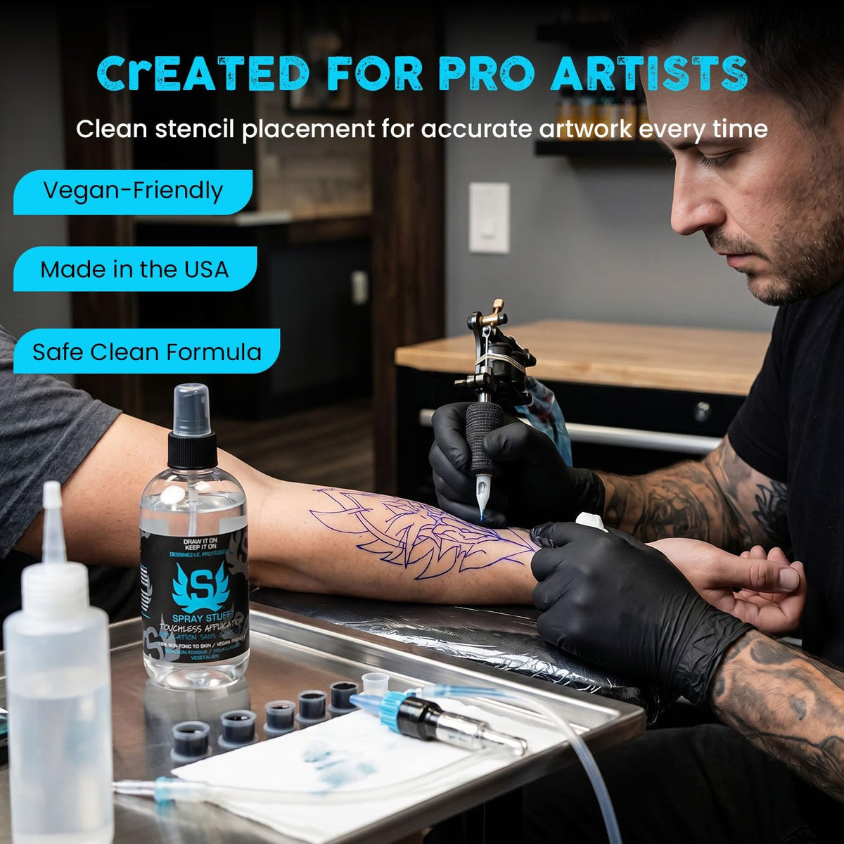 Stencil Stuff Spray Stuff bottle shown alongside professional tattoo studio supplies