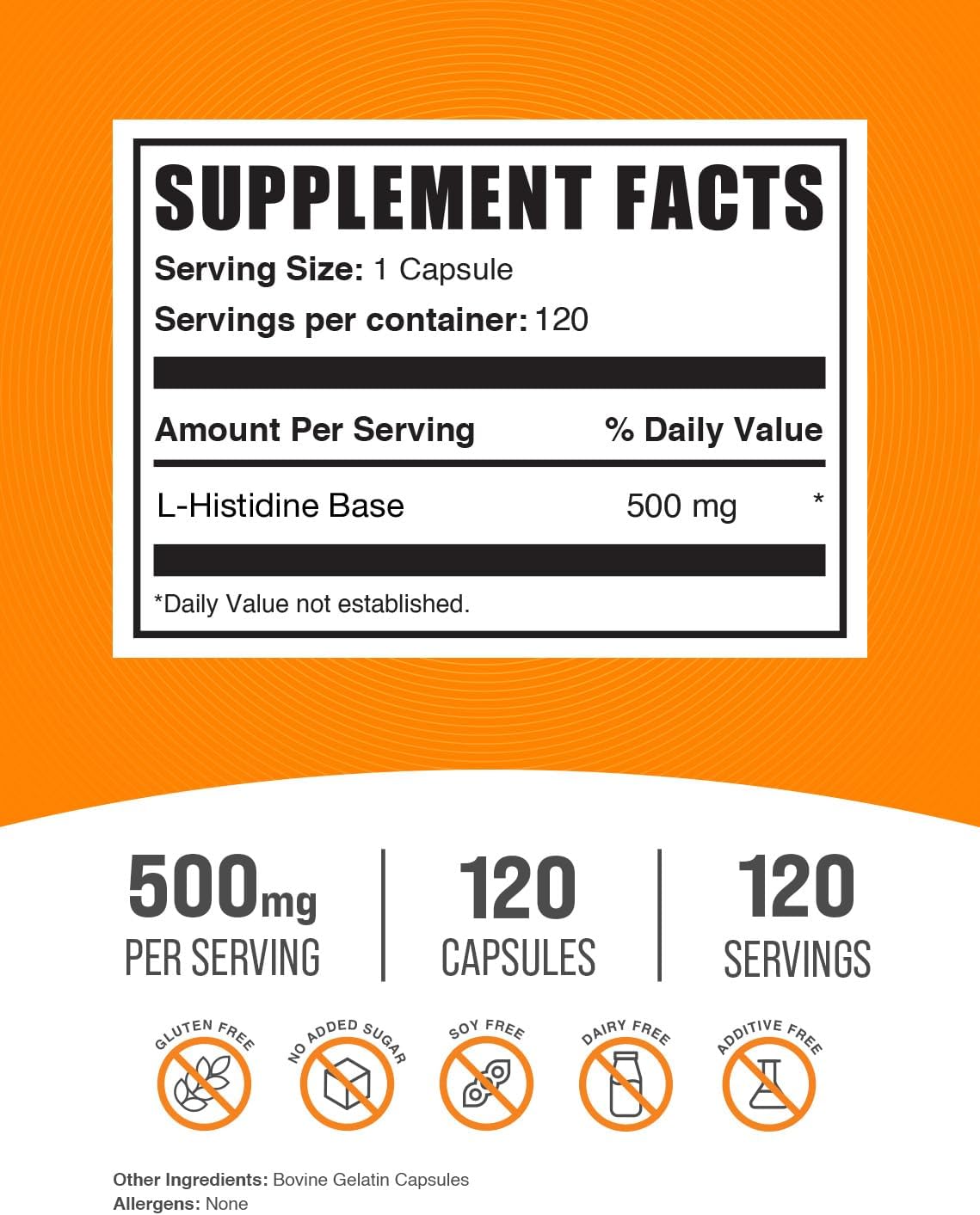 BulkSupplements L-Histidine 500mg nutritional facts and essential amino acid supplement profile