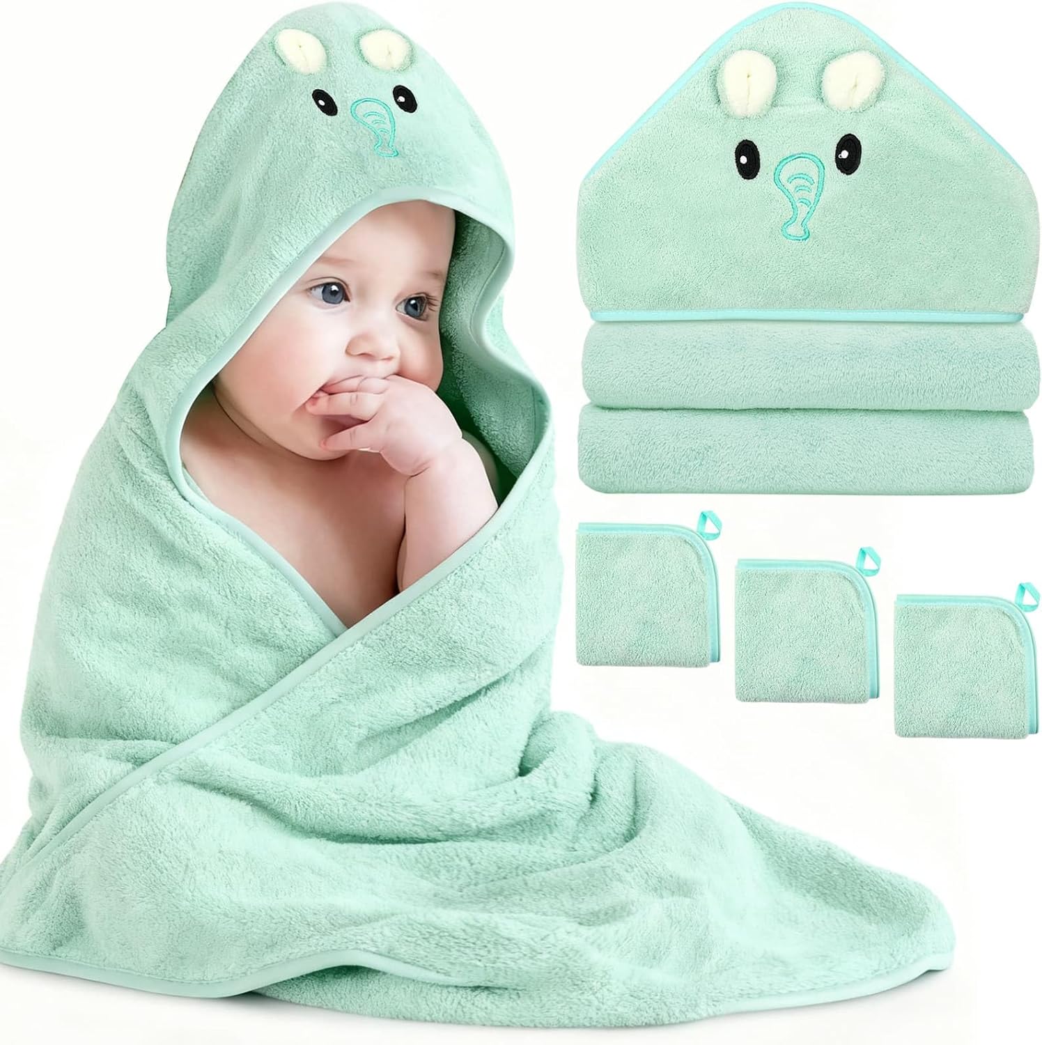 Sublaga 4 pieces hooded baby towel set in green elephant design front view
