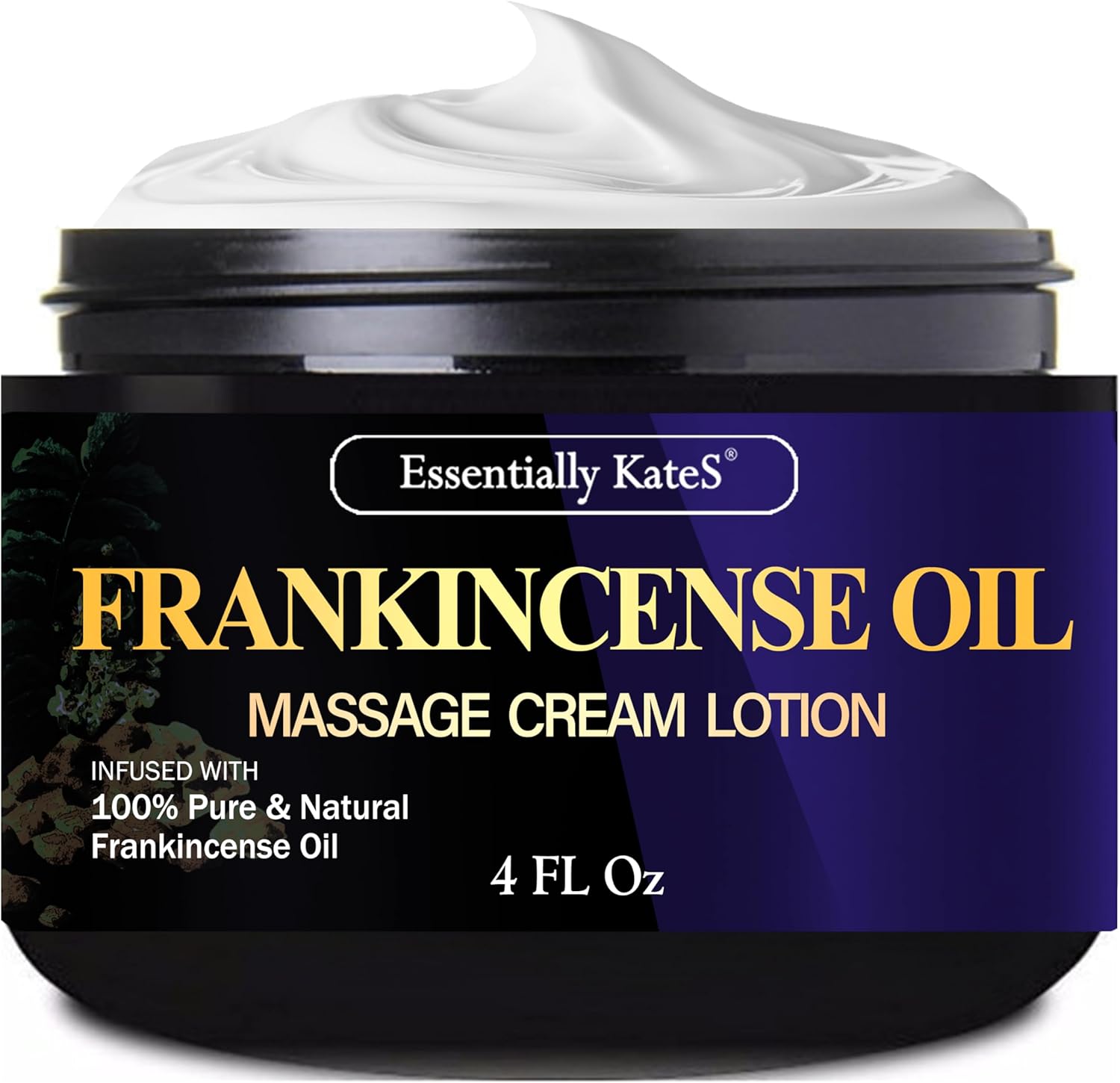 Essentially KateS Frankincense Massage Lotion four fluid ounce jar front view showcasing joint stiffness relief benefits.