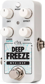 Side profile showing the instrument input jack on the Electro-Harmonix pedal.