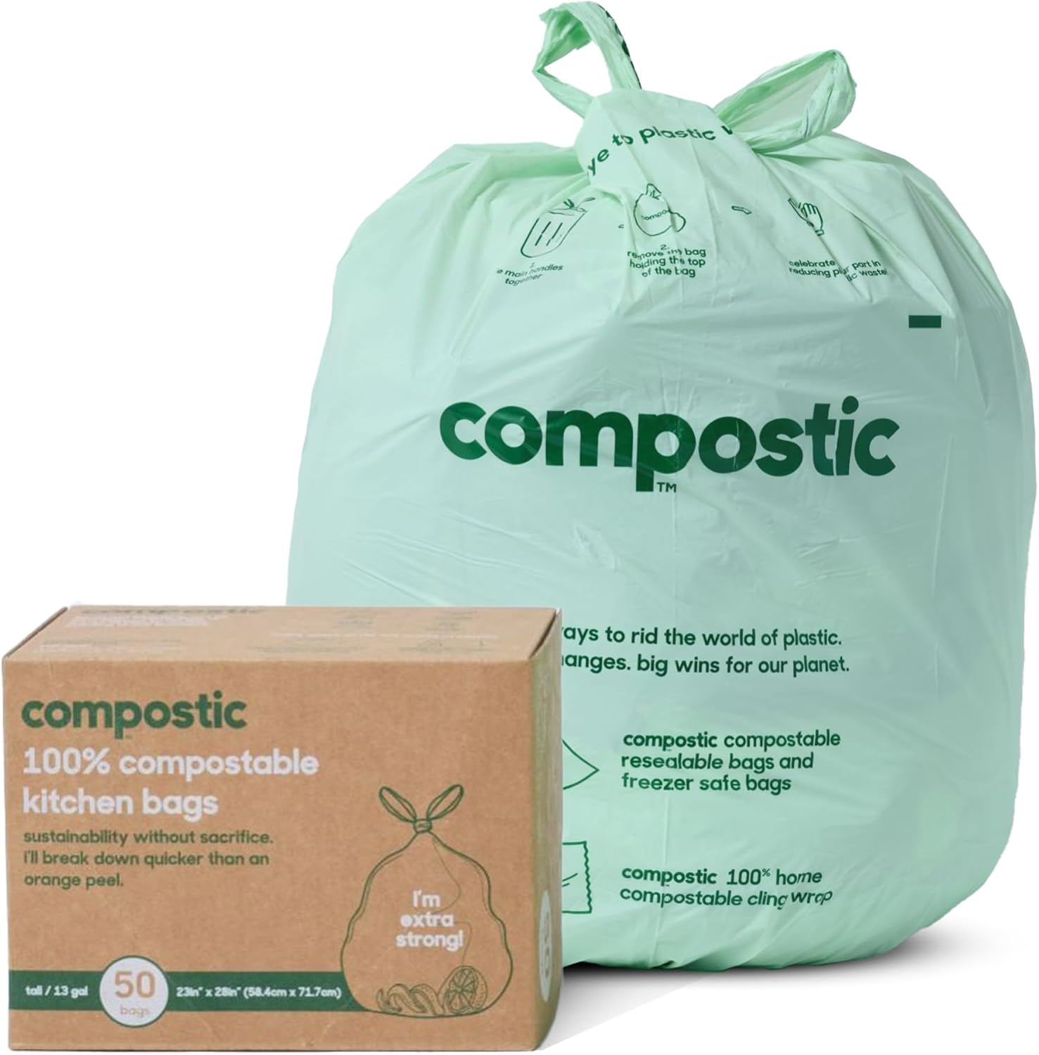 Compostic Home Compostable Trash Bags front view of packaging box showing 50 count tall kitchen rubbish bags.