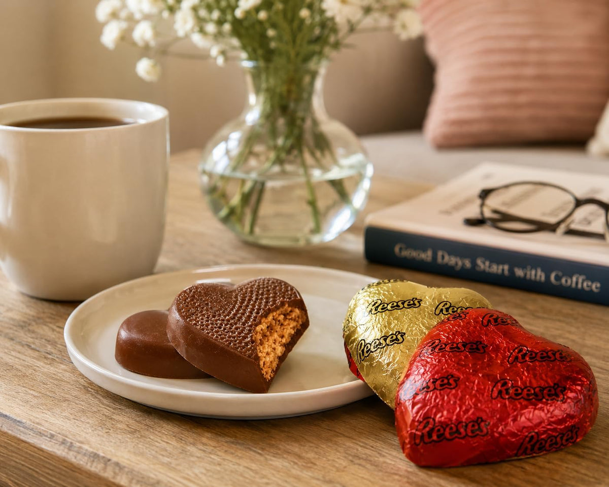 Close up of seasonal heart shaped milk chocolate filled with creamy peanut butter candy