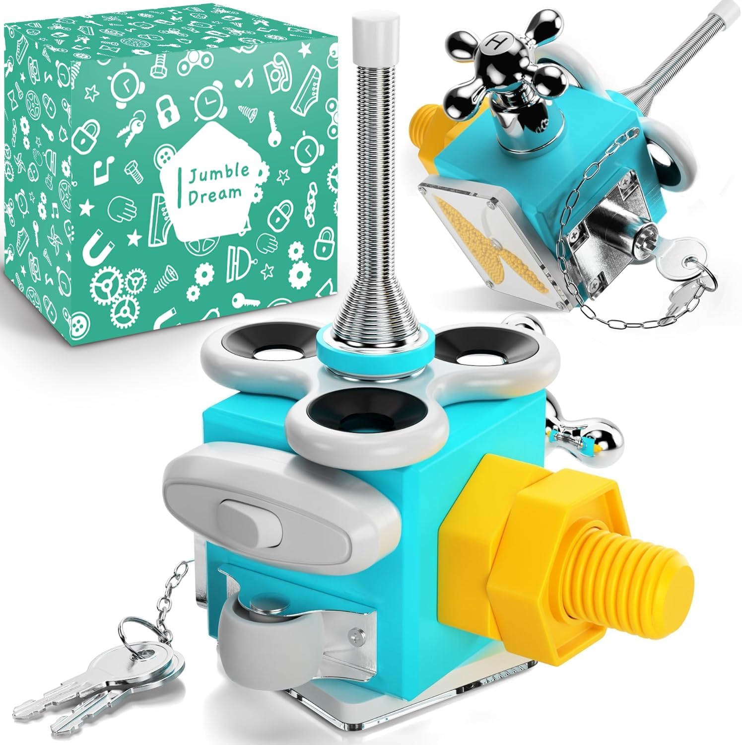 Jumble Dream Busy Cube sensory toy front view showing the spinning hourglass and mechanical locks for toddler development.