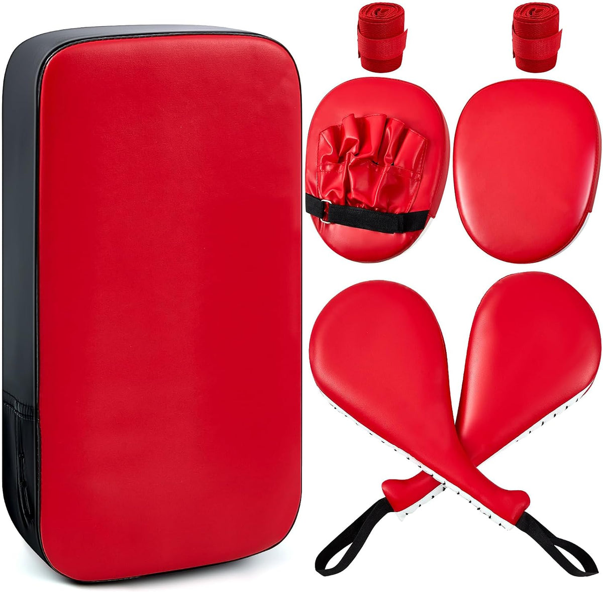 Poen 7 in 1 taekwondo kick pad set front view of red classic boxing gear