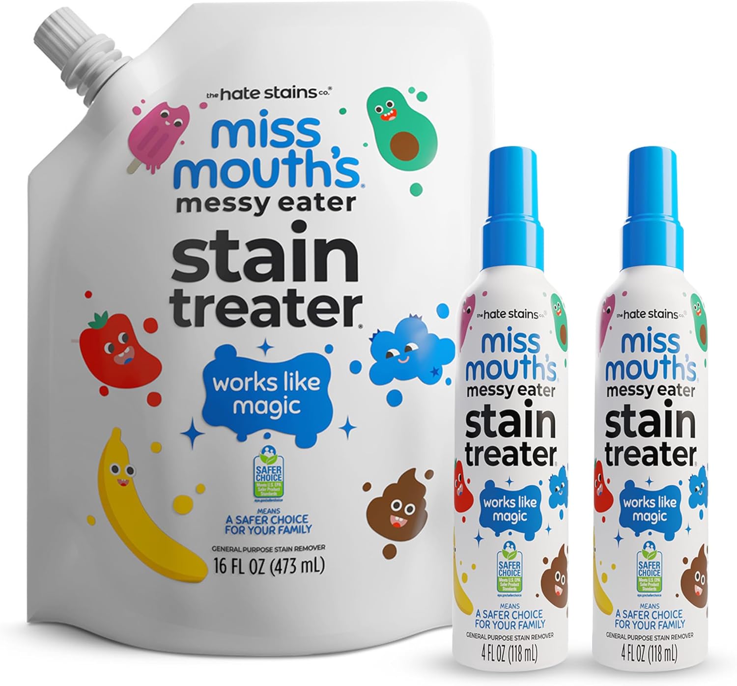 Miss Mouth's Messy Eater Stain Treater Refill Ready Kit - 2 Pack Stain Remover Spray and 16oz Refill Pouch - Newborn & Baby Essentials - Food, Grease, Coffee Off Laundry, Underwear, Fabric - Image 1