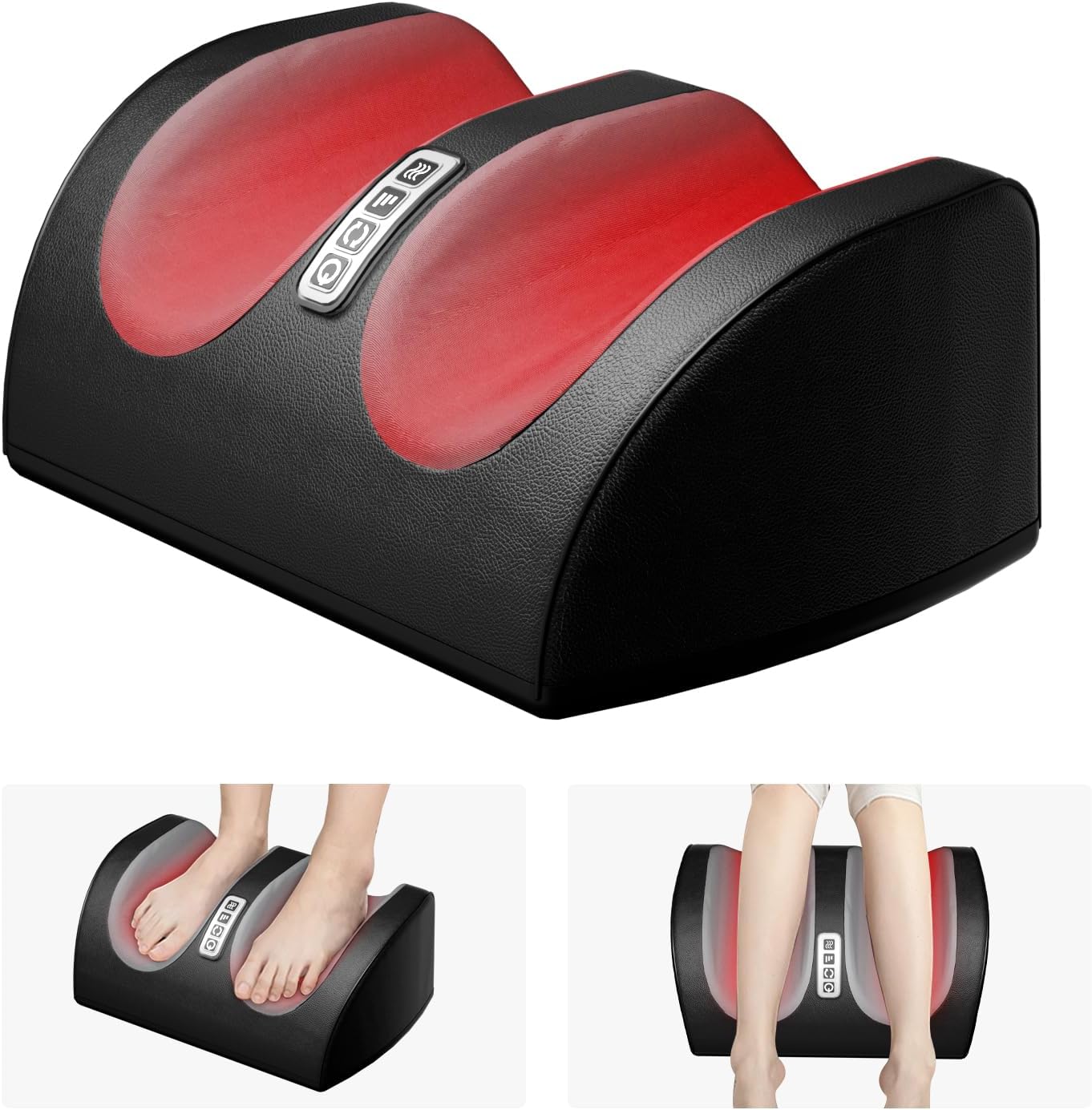 Lingteng Shiatsu Foot Massager front view showing the sleek black exterior and red accent lining on floor
