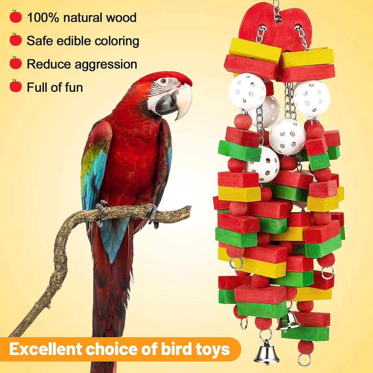 Side angle view highlighting the fifty six vibrant wood pieces of the MEWTOGO parrot toy.