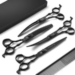 Purple Dragon dog grooming scissors set front view featuring premium black stainless steel shears.