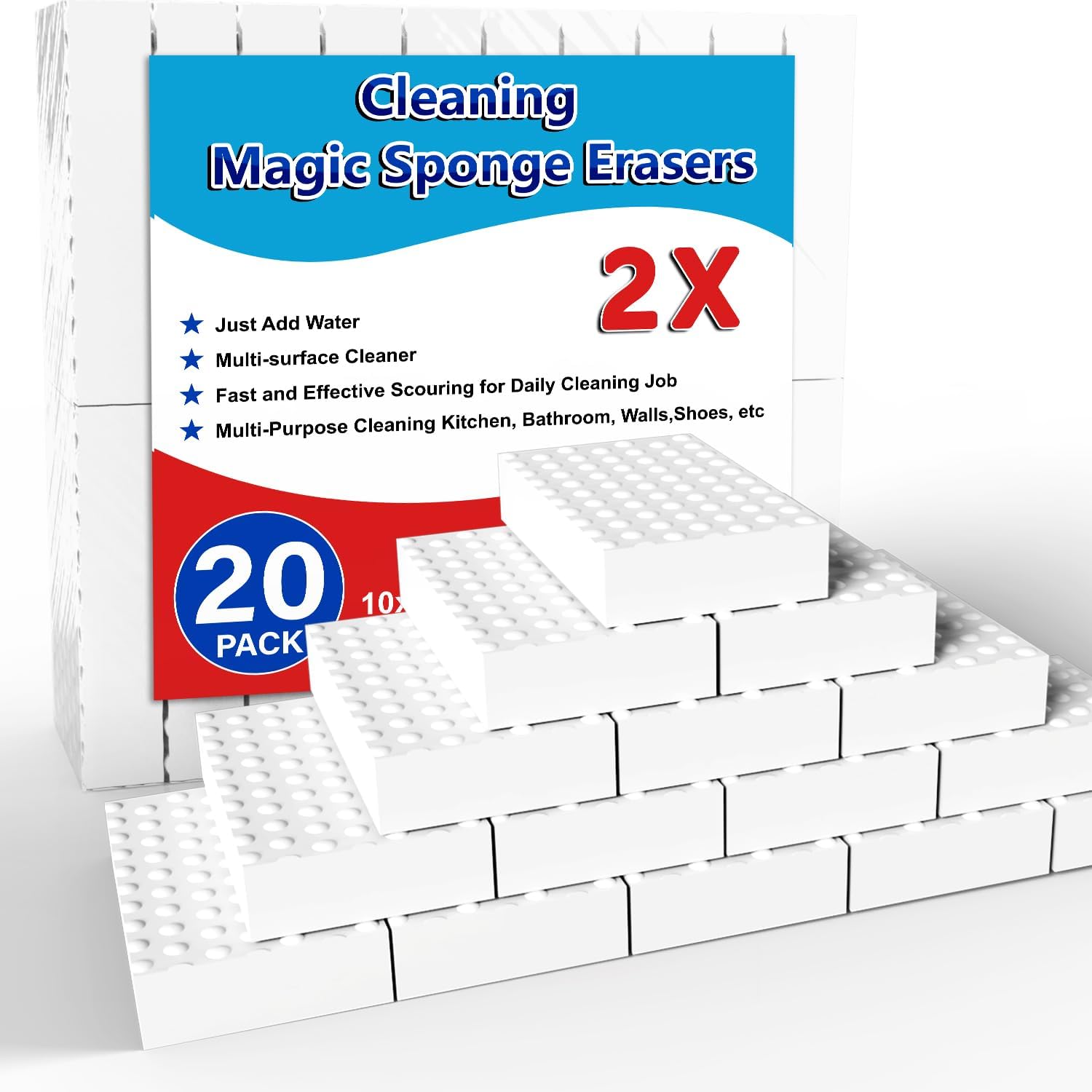SmilinFit Magic Sponge Erasers 20 Pack front view showing the extra thick white melamine foam cleaning pads packaging.