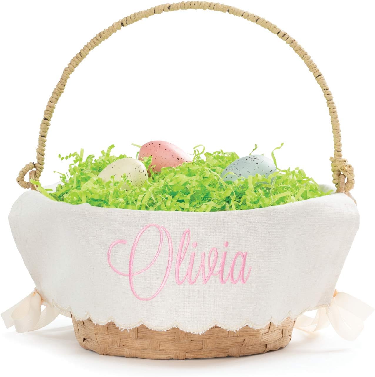 Personalized Planet Easter Egg Basket with pink script name and handle