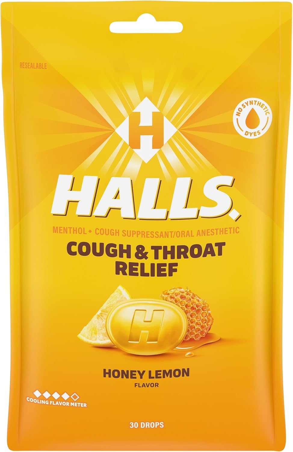 Halls cough drops honey lemon front view packaging