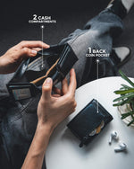 VULKIT slim wallet side profile showing elastic band closure