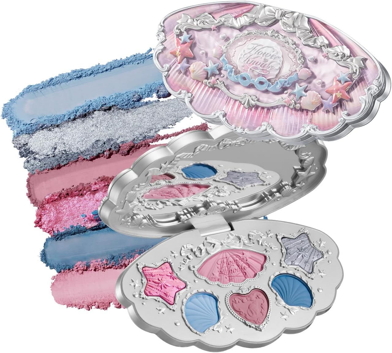 Flower Knows Shells Jewel Makeup Palette front view showing detailed silver seashell compact packaging.