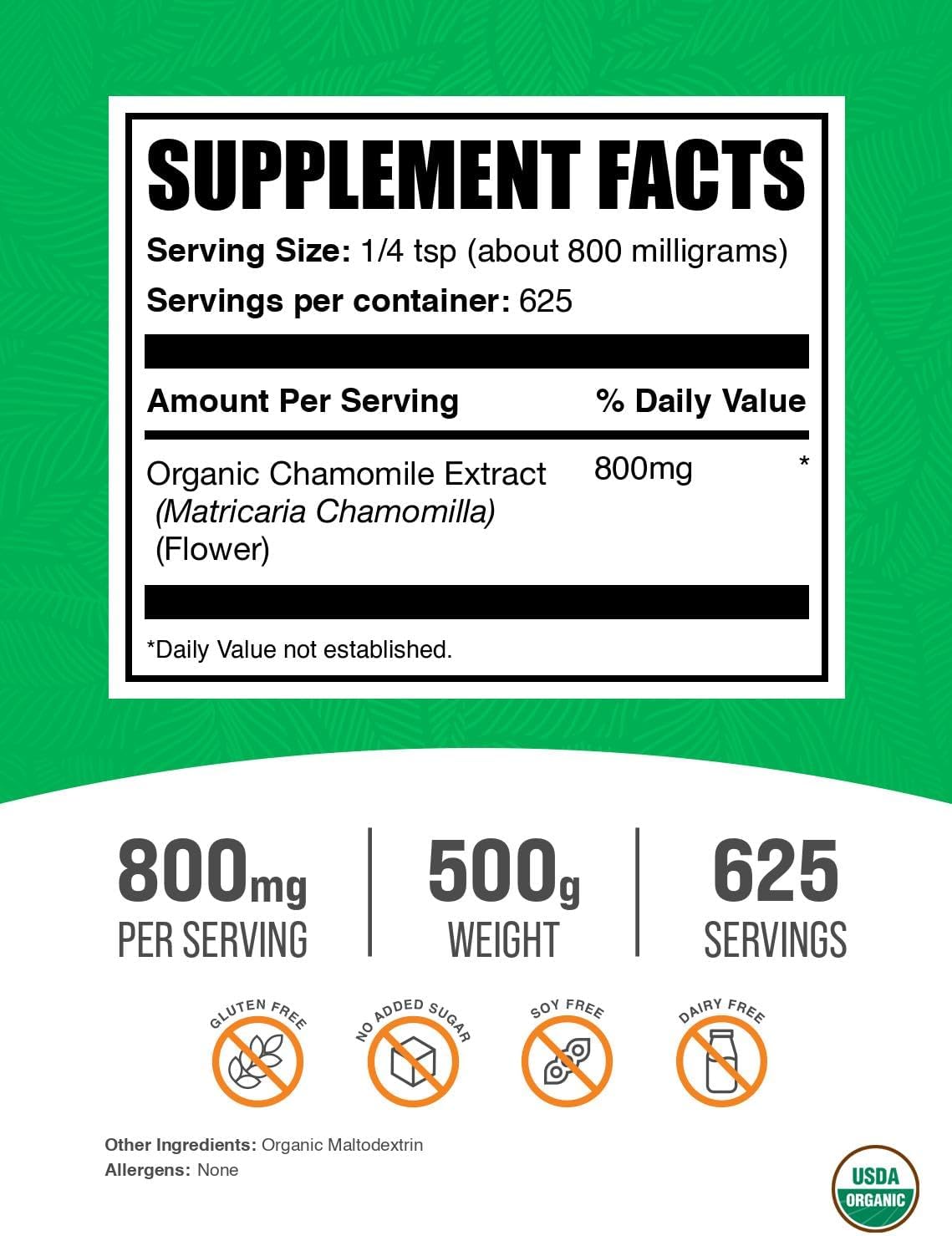 BulkSupplements Chamomile Flower Extract Powder organic certification label close up