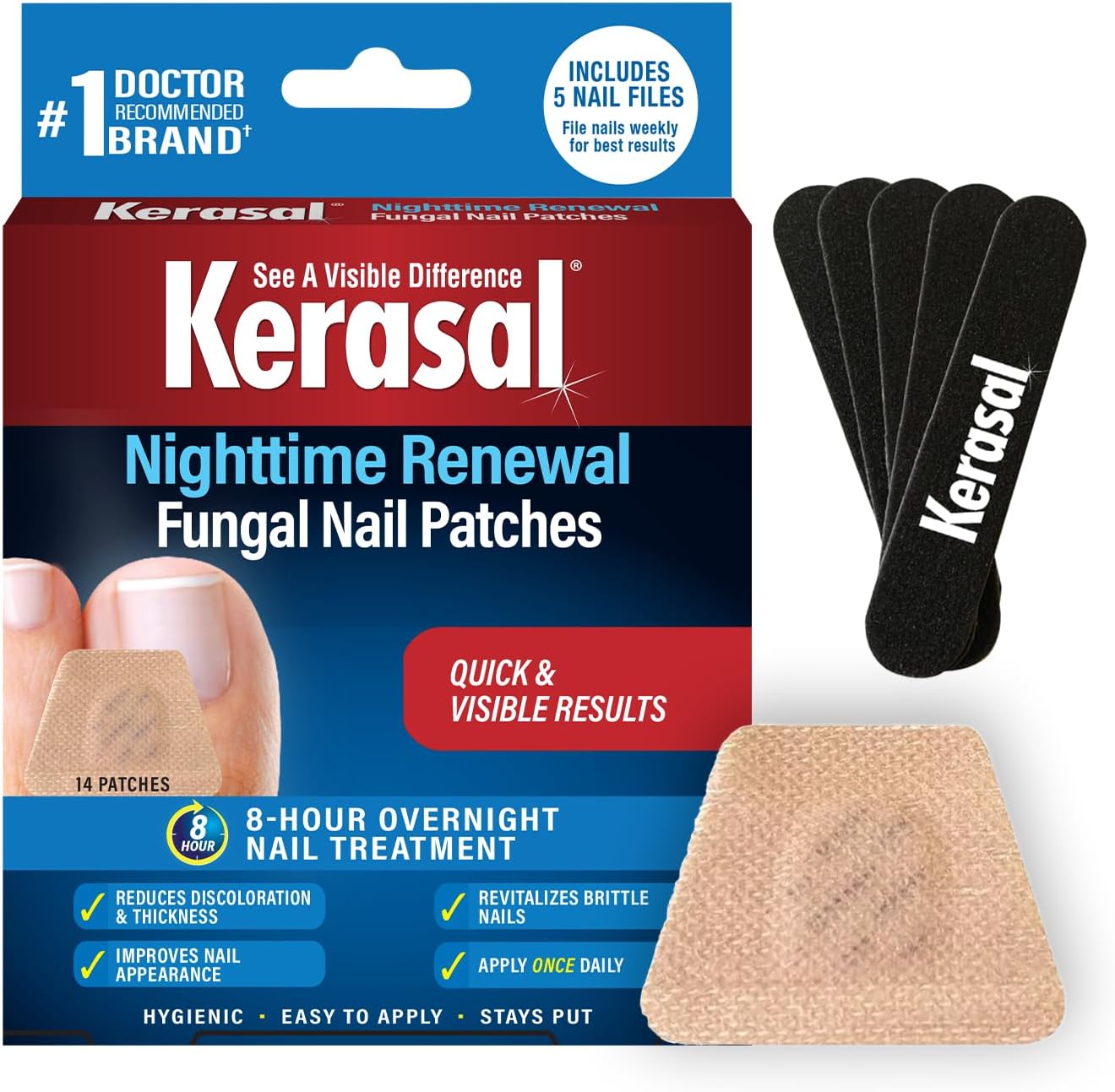 Kerasal Nighttime Renewal Fungal Nail Patches front packaging view for nail restoration.
