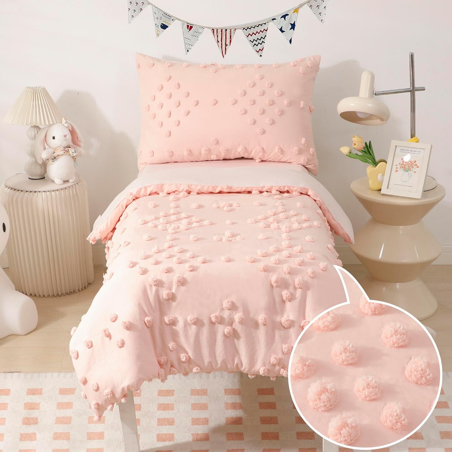VIVILINEN toddler bedding set for girls front view showcasing pink jacquard pom pom tufts