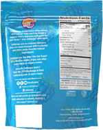 Back view of Zollipops Blue Raspberry pouch displaying nutritional facts and dentist approved ingredients.