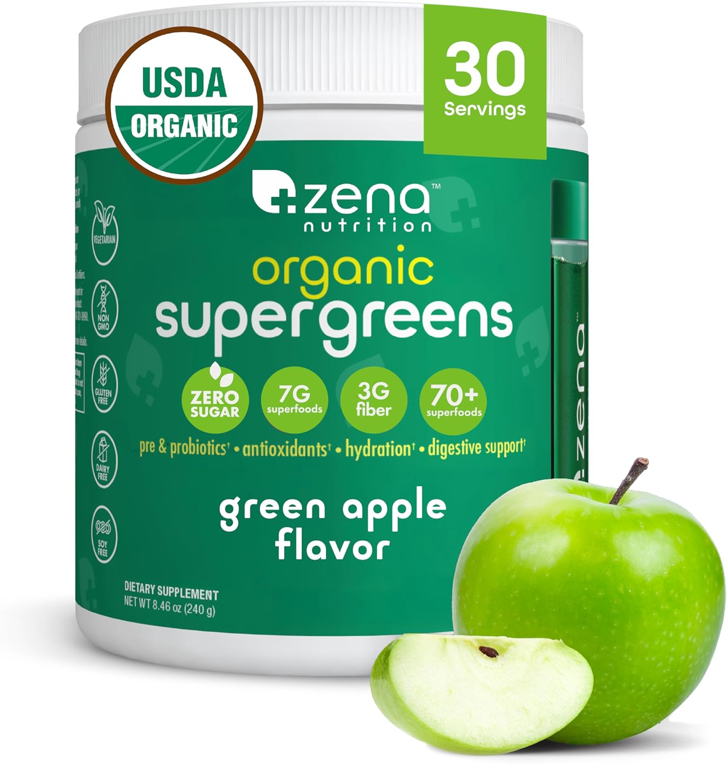 Zena Nutrition Organic Super Greens Powder, 70+ Superfoods, 0 Sugar, 3G Fiber, Spirulina, Chlorella, Mushrooms, Prebiotics/Probiotics, Digestive Enzymes for Gut Health, Green Apple, 30 Servings - Image 1