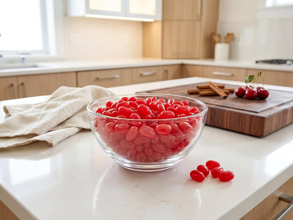 Festive dessert table layout featuring imported red party favors
