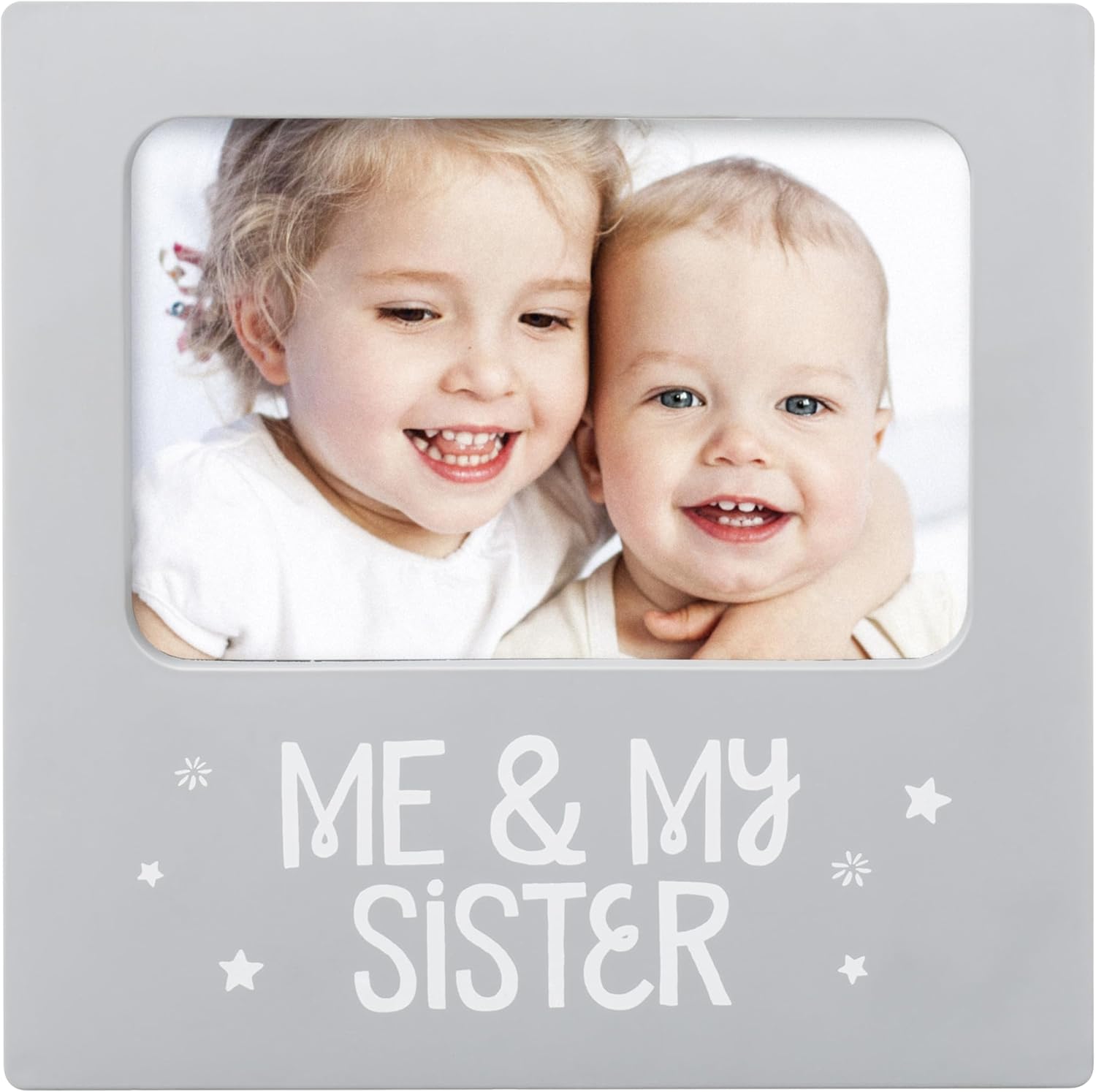 Tiny Ideas Me and My Sister Picture Frame front view showcasing gray border and white star details