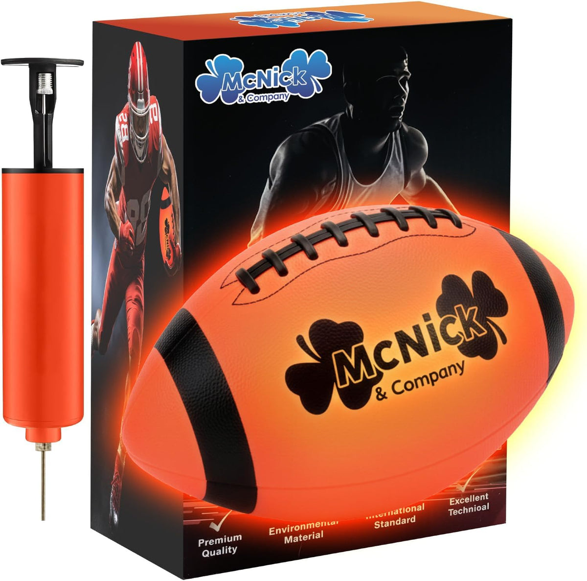 MCNICK & COMPANY LED Glow in the Dark Youth Football front view showing bright orange textured rubber exterior.