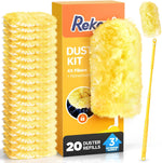 REKOPI Heavy Duty Duster Kit front view with 20 yellow refills and extension pole.