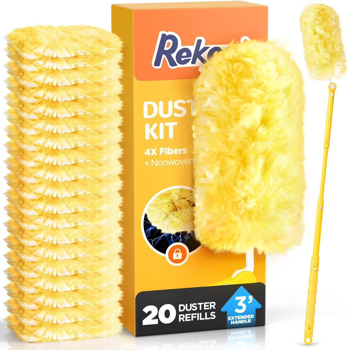 REKOPI Heavy Duty Duster Kit front view with 20 yellow refills and extension pole.