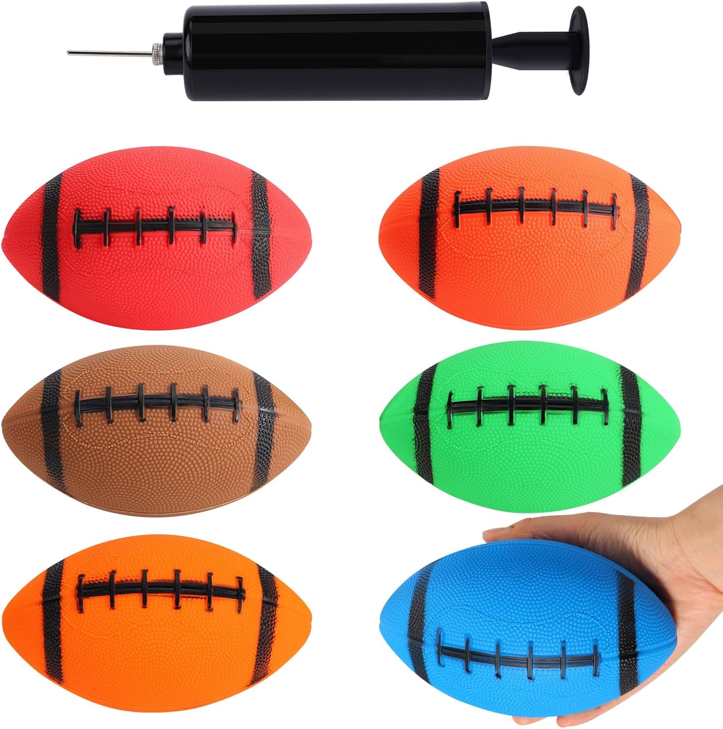 Shindel mini inflatable football six piece set front view with included orange portable pump showing vivid colors