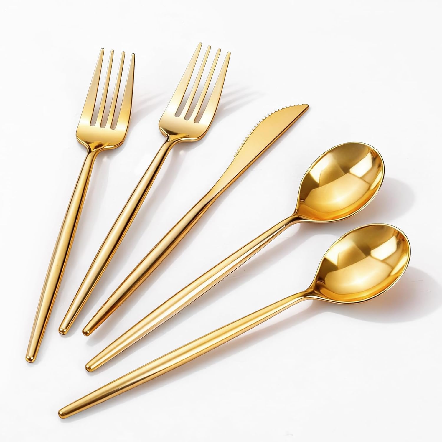 Rubtlamp ninety pieces gold plastic silverware set front view for party table arrangements