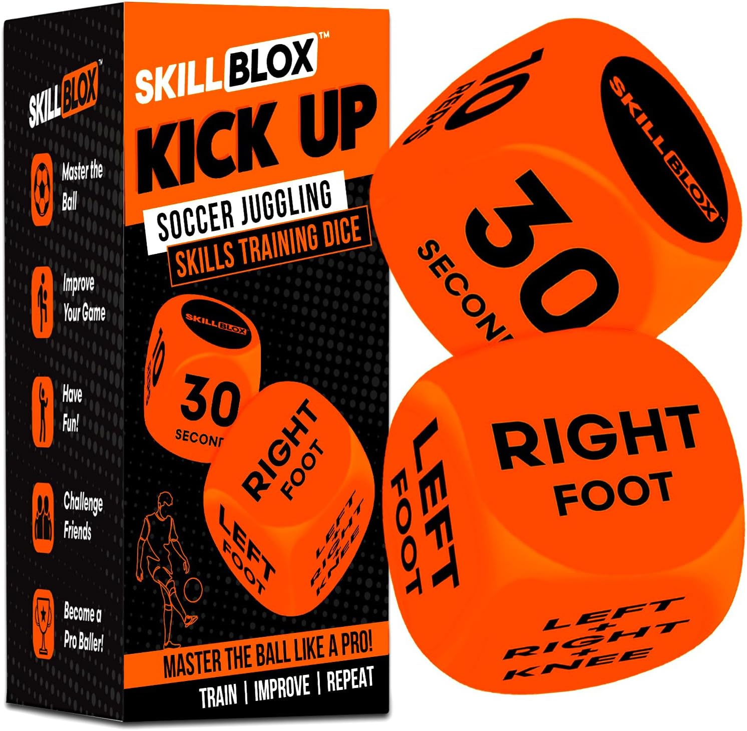 Skill Blox soccer kick up training dice pack front view showing orange foam pieces