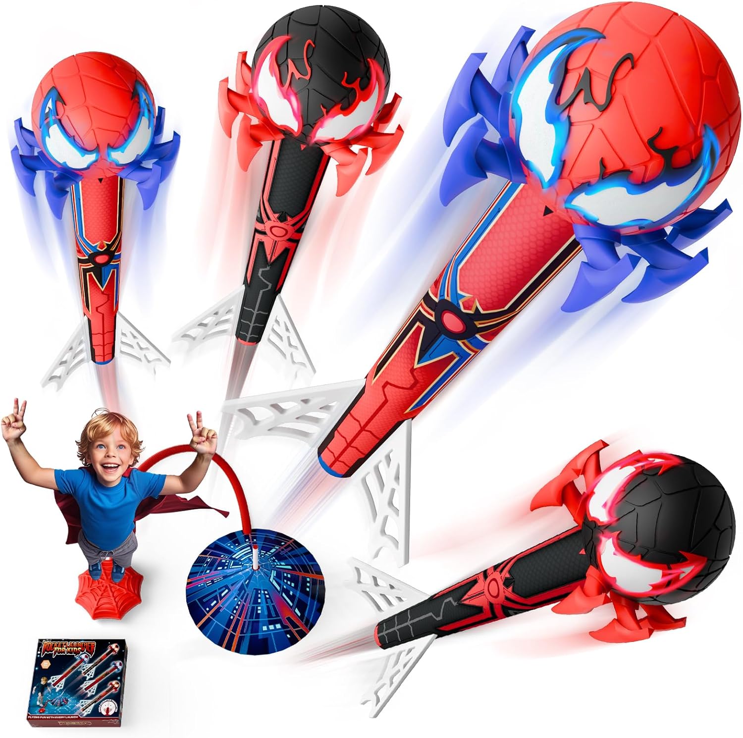 Tikafony Spider Rocket Launcher set with four foam rockets and web pump.