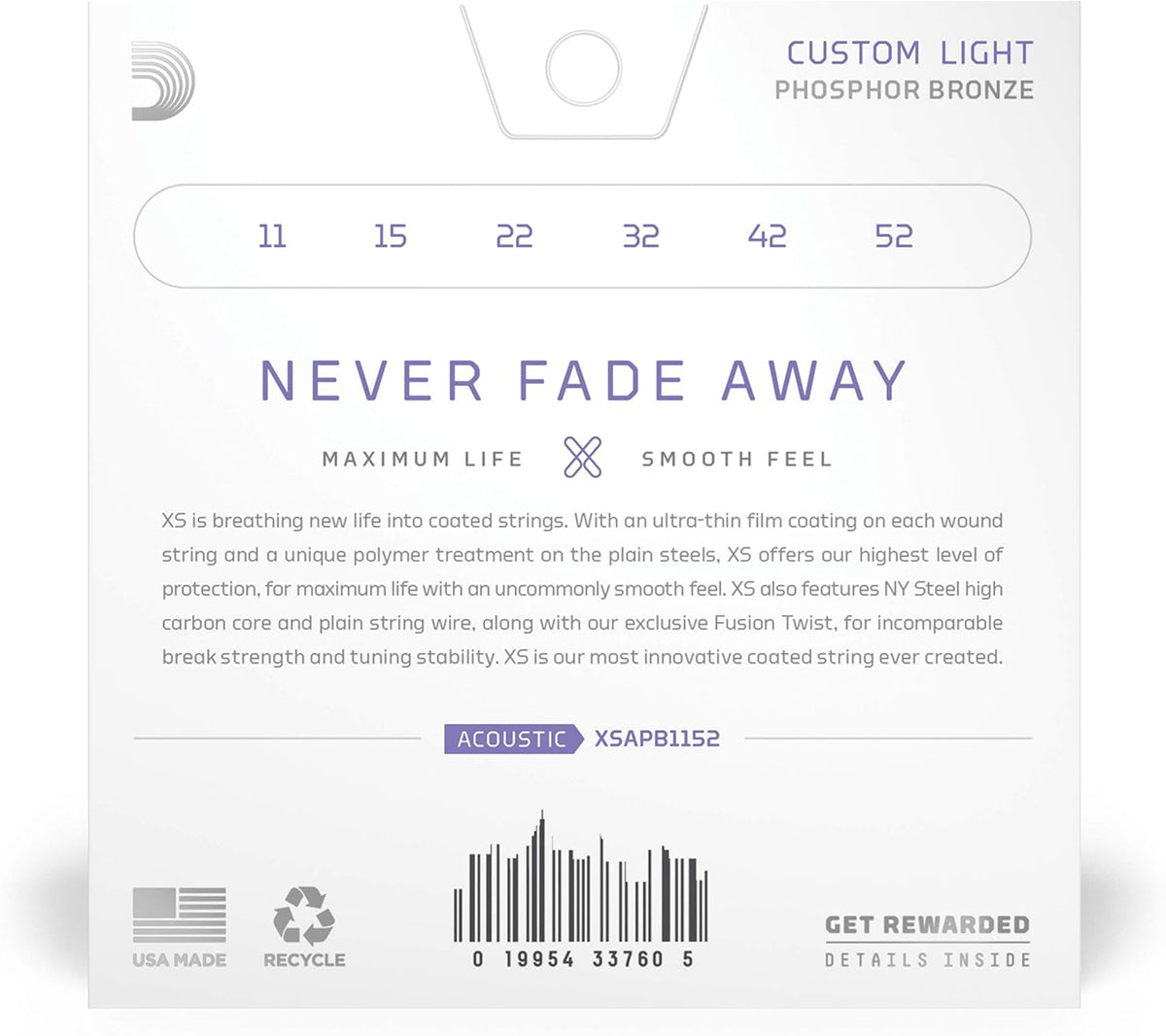 D'Addario custom light 11-52 guitar strings back label details