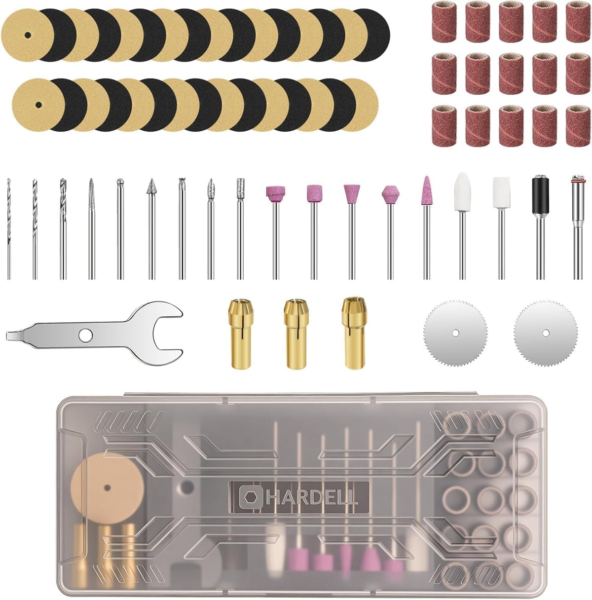 Hardell rotary tool accessories kit front view displaying transparent storage case