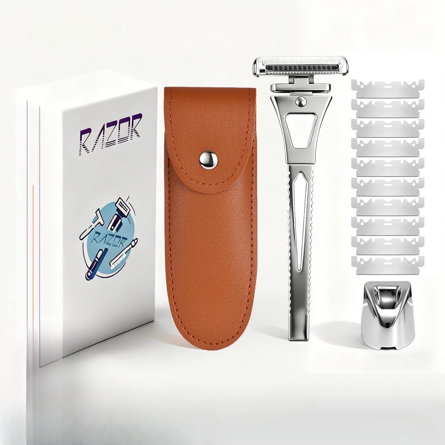 Generic 4-layer half-blade safety razor with silver alloy handle front view