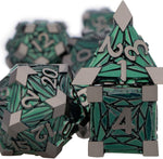 ORIFANTOU polyhedral dice set showing green and black crystal shard pattern