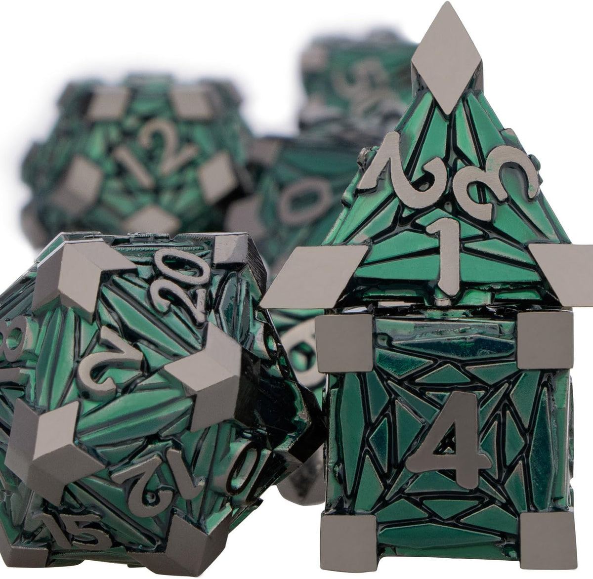 ORIFANTOU polyhedral dice set showing green and black crystal shard pattern
