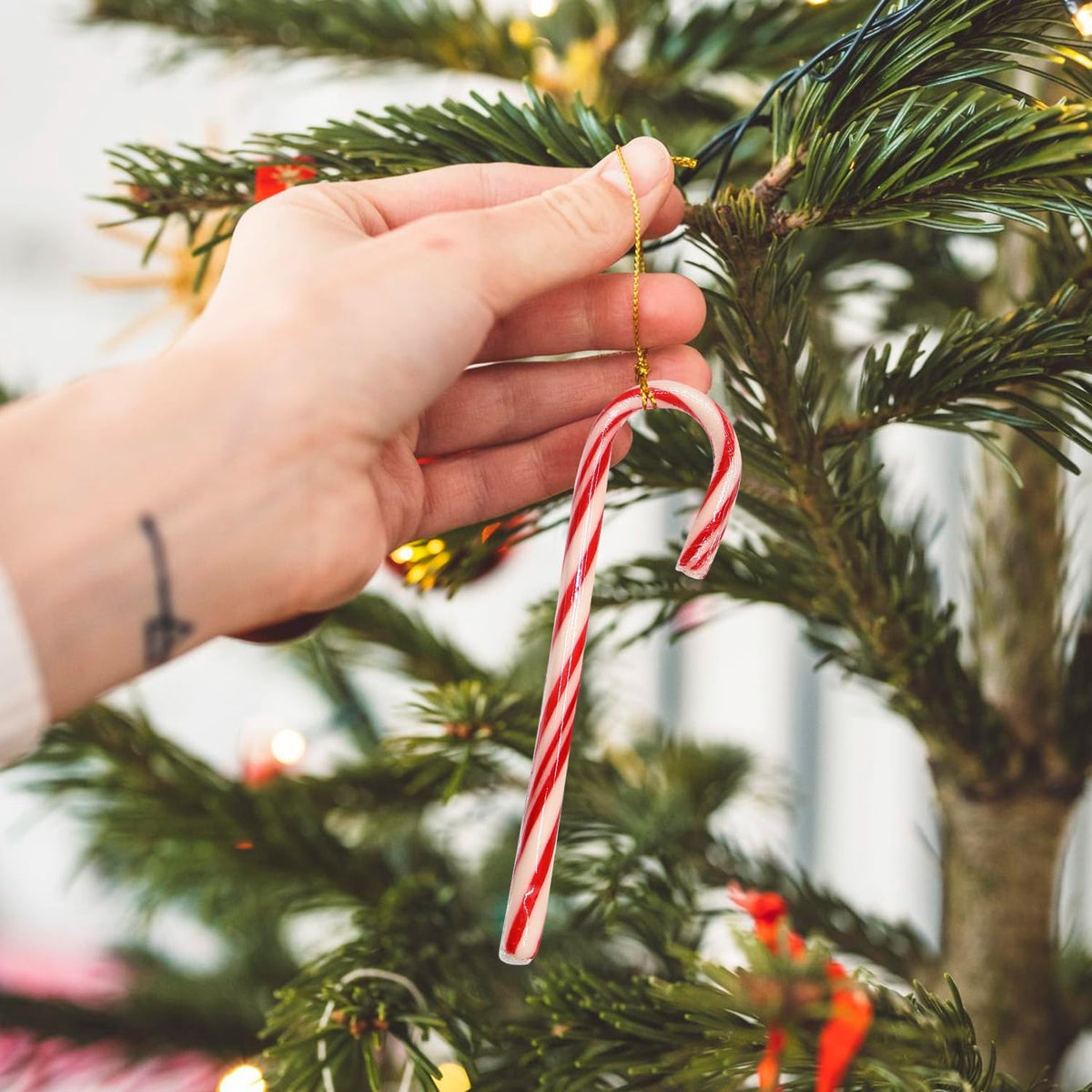 Close up view of the colorful Taboom holiday candy canes showing their vibrant stripes
