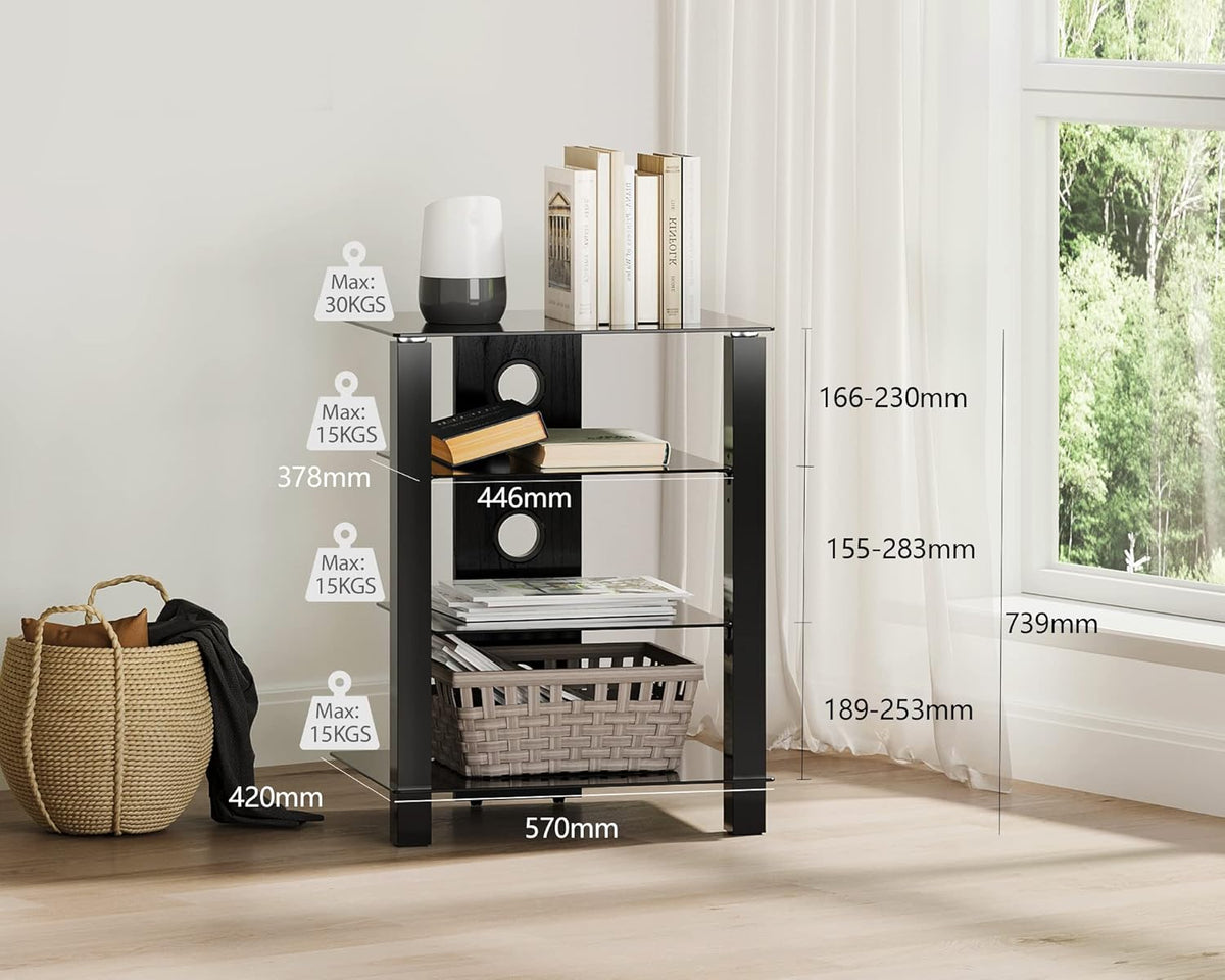 FITUEYES gaming TV stand close up of adjustable glass shelving