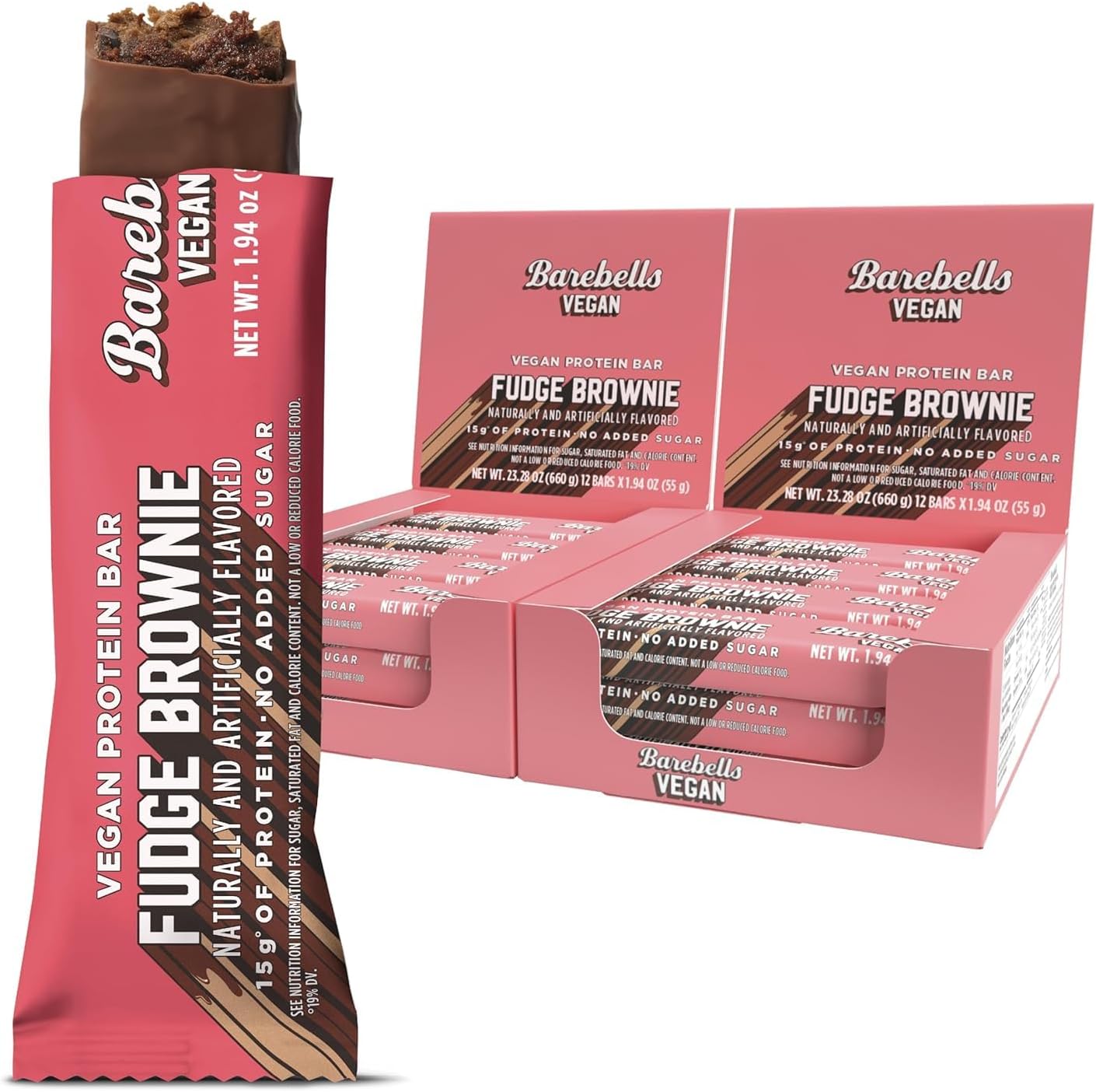 Barebells vegan protein bars fudge brownie front view twenty four pack