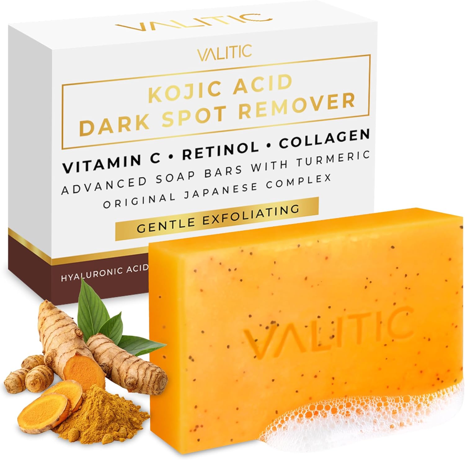 VALITIC Kojic Acid Soap - Turmeric Soap for Dark Spots for Face and Body - Exfoliating Bar for Hyperpigmentation, Skin Tone Corrector with Retinol, Vitamin C, Collagen and Hyaluronic Acid - 1 Pack - Image 1