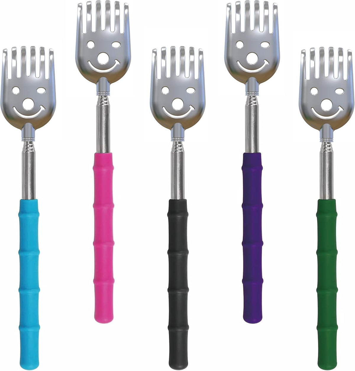 CERRXIAN 5 Pack Telescoping Back Scratcher front view showing colorful rubber handles.