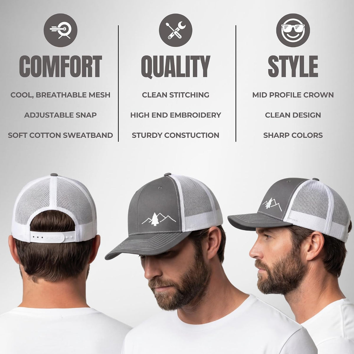 Lindo gray and white cap side profile showing structured crown design