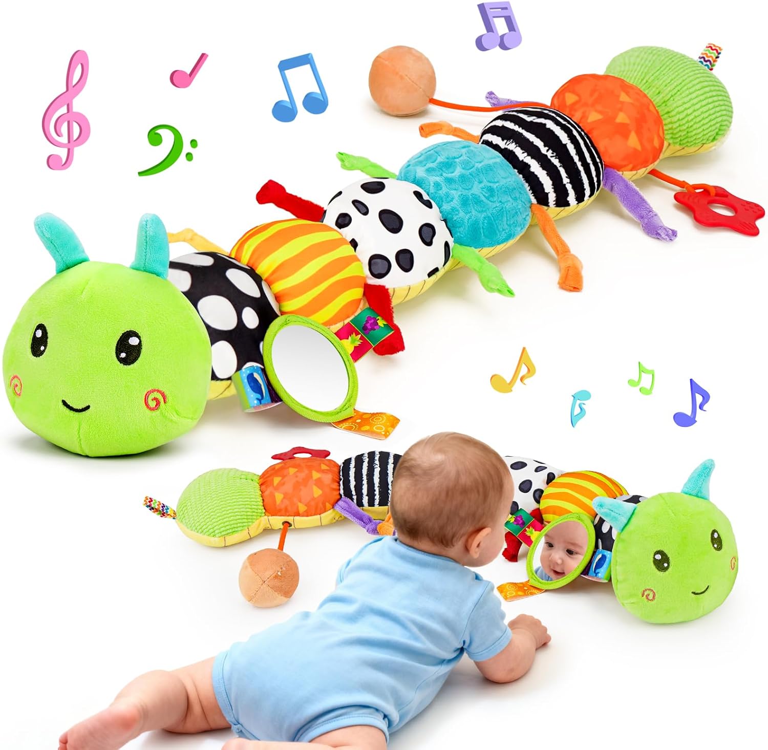 Topsochir baby sensory musical caterpillar toy front view showing vibrant multi-colored fabric segments for infant developmental play.