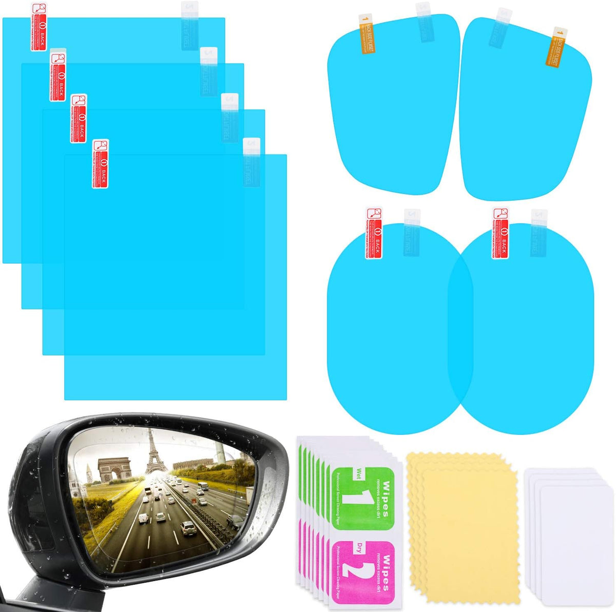 Frienda car rearview mirror film pack front view showing multiple shapes for side mirrors